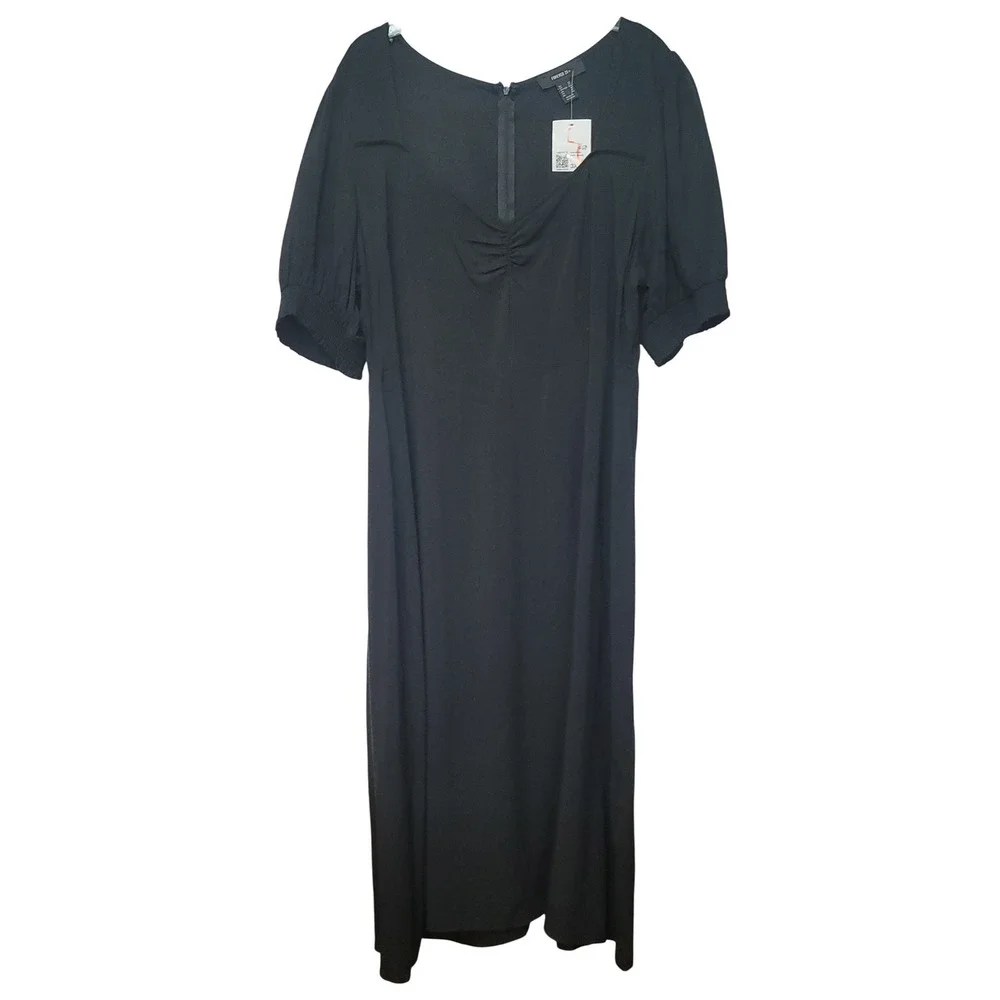 FOREVER 21 Square Neck Puff Sleeve Midi 3X Romantic Milkmaid Soft Black Dress‎